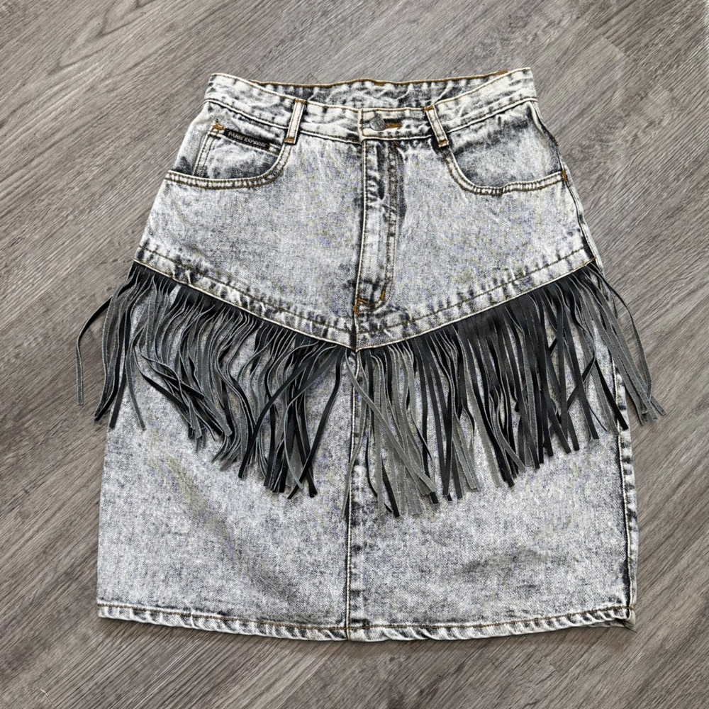Paris Express Vintage Acid Wash Denim Fringe Mini Skirt Grey Size 11/12 Western